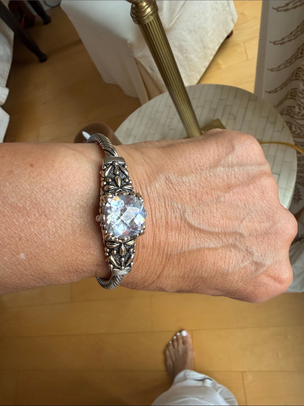 Sterling-Tone Silver Bracelet with Clear Crystal Center